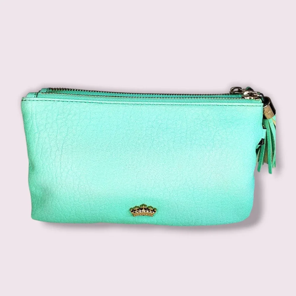 Juicy Couture Mint Green Double Zip Wristlet Pouch Tassel Clutch Gold Logo Crown